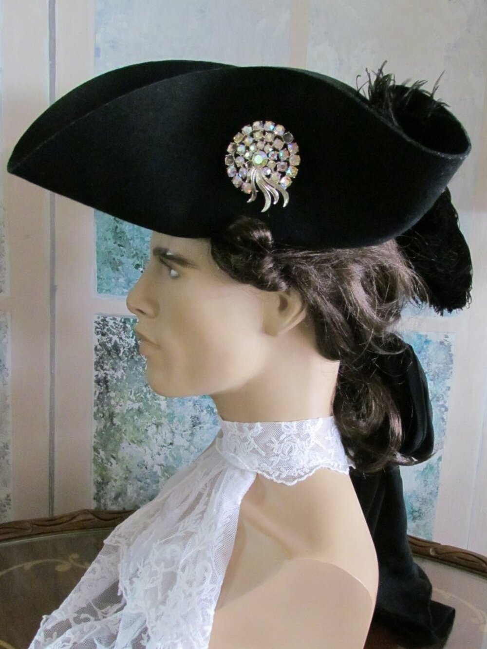 PIRATE HAT, BLACK WOOL TRICORNE w PLUME, RHINESTONE PIN, THEATER, OPERA, UNISEX
